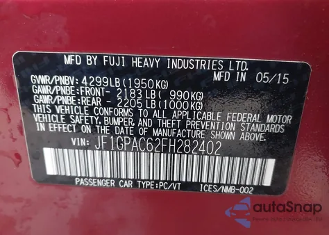 2015 Subaru Impreza 2.0I Premium из США, поврежденный, VIN JF1GPAC62FH282402